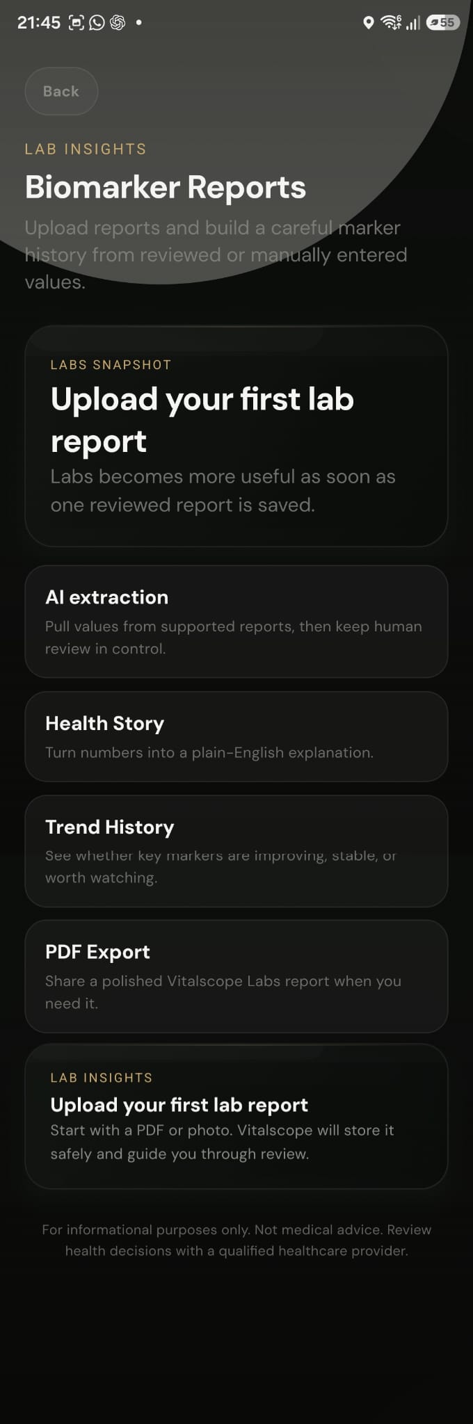 Vitalscope Wellness Biomarker Reports lab insights screen