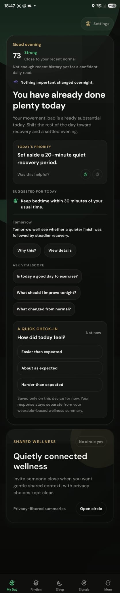 Vitalscope Wellness My Day screen